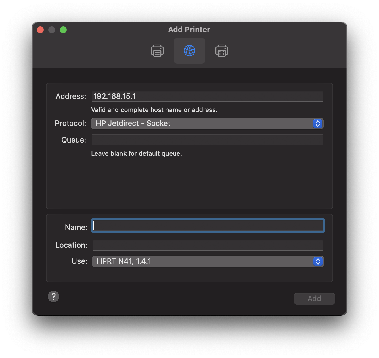 macOS add a printer settings